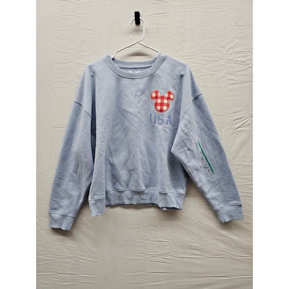 Disney Womens Mickey Mouse USA Pullover Sweatshirt Blue Cotton Blend Size Medium